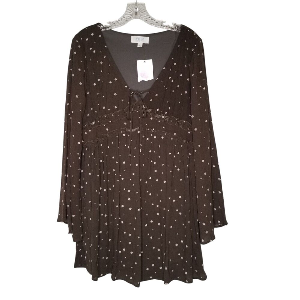 Peach Love Babydoll V-Neck Peasant Peplum Brown Polka Dot Ruffle Boho Small